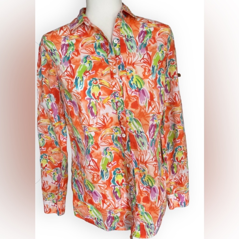 J. McLaughlin Lightweight Cotton Button Up Tropical Toucan Shirt Size XS